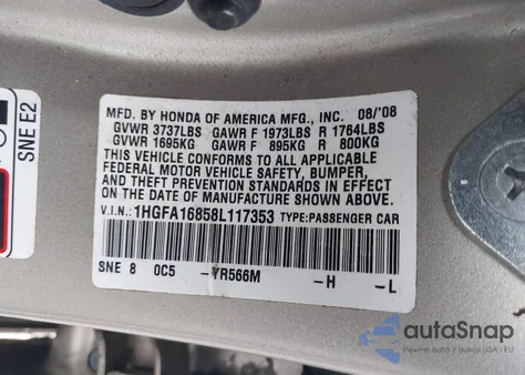 2008 Honda Civic Ex from USA, damaged, VIN 1HGFA16858L117353